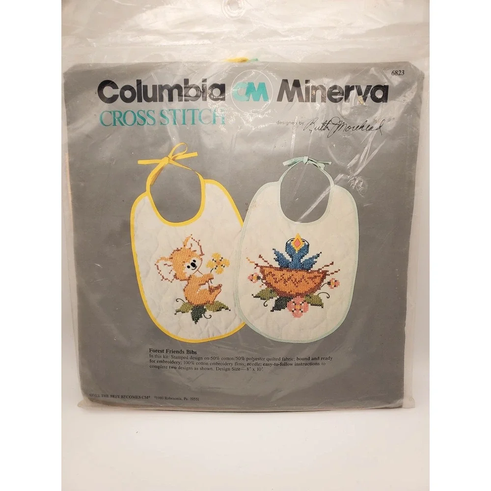 Vintage 1980 Columbia Minerva Forest Friends Baby Bib Cross Stitch Kit SEALED